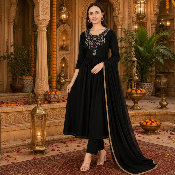🌼 Women's Rayon Embroidered Kurti Pant & Georgette Dupatta Set