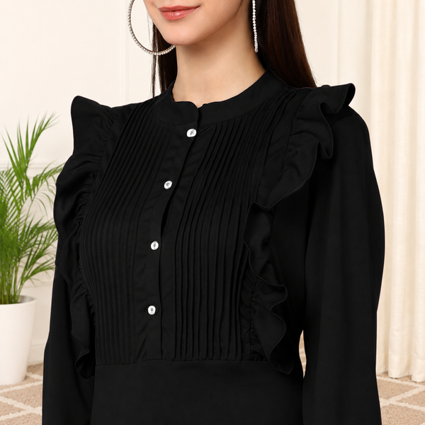 Elegant Pleated Ankle-Length Frilled Spandex Black Dress