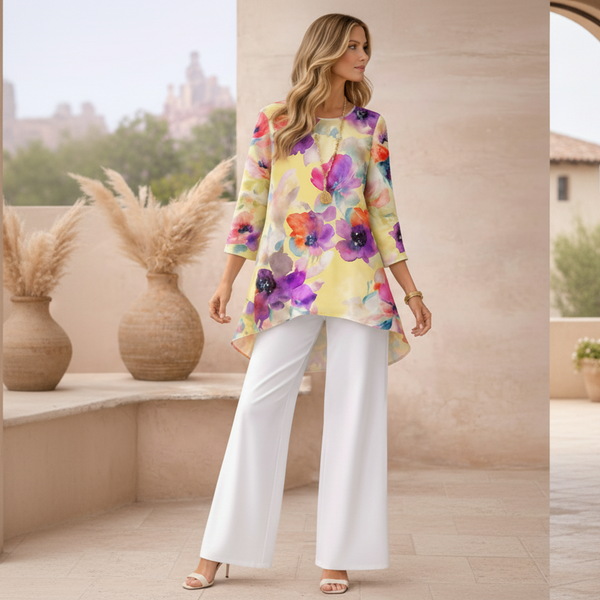 🌸 Floral Printed Spandex Top & Solid White Pant Set 🌸