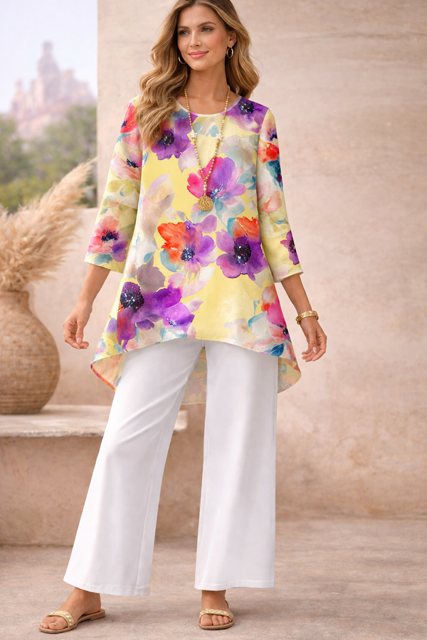 🌸 Floral Printed Spandex Top & Solid White Pant Set 🌸
