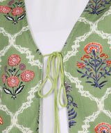 Women's White A-Line Kurta with Floral Printed Green Jacket & White Palazzo Set