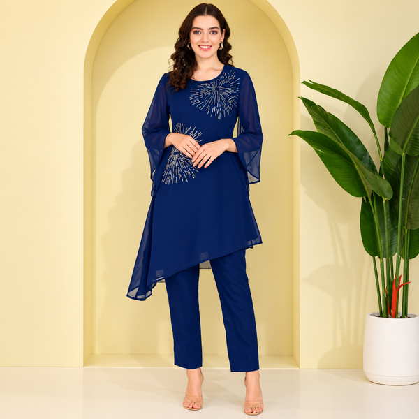Women Georgette Asymmetric Kurta Pant Set INDW 02 BLUE