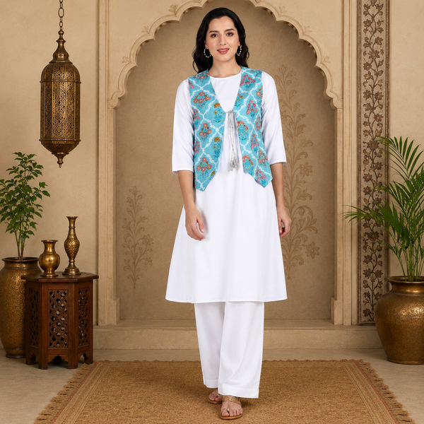 Women's White A-Line Kurta with Floral Printed Aqua Blue Jacket & White Palazzo Set