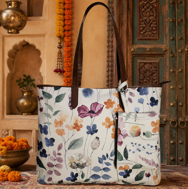 WATER COLOUR FLORAL PRINT TOTE BAG