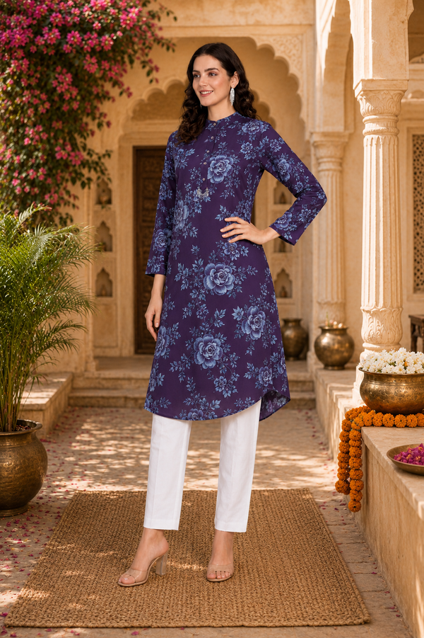 🌸 Floral Printed Spandex Kurti Pant Co-Ord Set 🌸