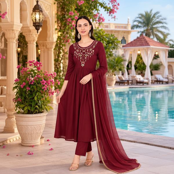 🌼 Elegant Maroon Embroidered Rayon Kurti Pant Set with Georgette Dupatta