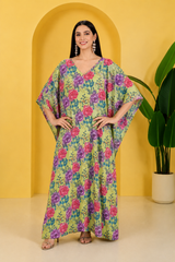 Floral Blossom Satin Kaftan – Elegant Floral Print Lounge & Resort Wear