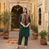Women's Dark Green Rayon A-Line Kurti with Printed Ethnic Jacket & Matching Pants Set