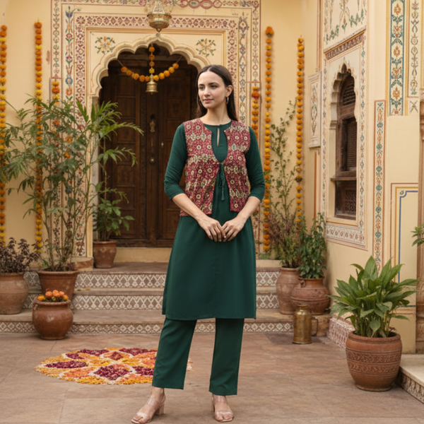 Women's Dark Green Rayon A-Line Kurti with Printed Ethnic Jacket & Matching Pants Set