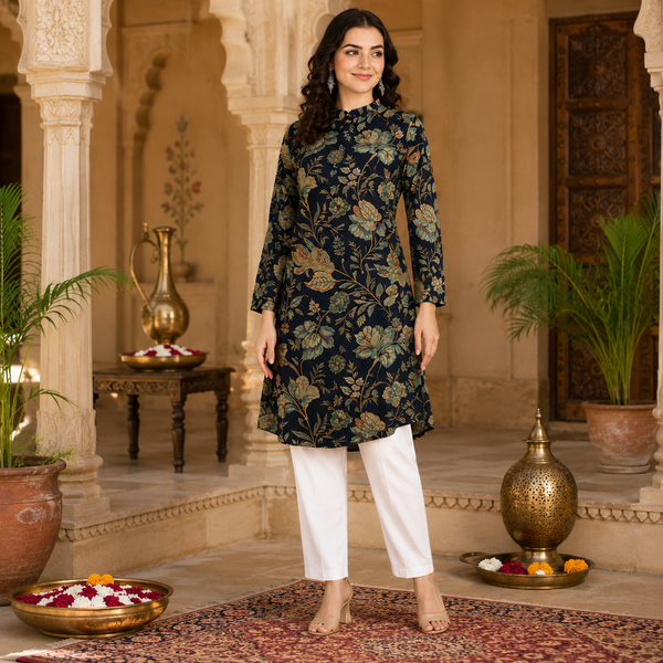 🌺 Floral print spandex kurti‑pant co‑ord set