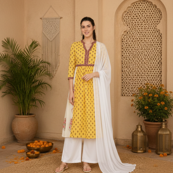🌺 Women’s Ethnic Cotton Printed Kurti & Palazzo Set