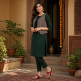 Elegant Dark Green Kurti Pant Set with Embroidered Jacket