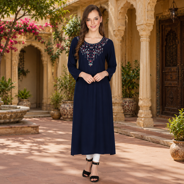 geometric embroided ethnic anarkali rayon kurti