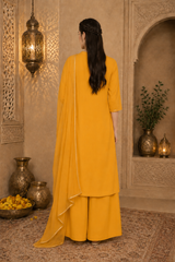 Women’s Embroidered Mustard Rayon Kurti Palazzo dupatta Set | Elegant Ethnic Co-ord Set