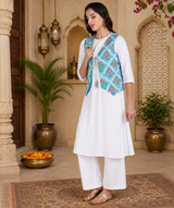 Women's White A-Line Kurta with Floral Printed Aqua Blue Jacket & White Palazzo Set