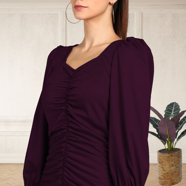 Sultry Sophistication Gathered Front Slit Bodycon Maxi Purple Dress