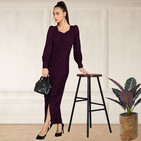 Sultry Sophistication Gathered Front Slit Bodycon Maxi Purple Dress