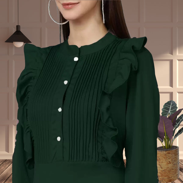 Elegant Pleated Ankle-Length Frilled Spandex Olive Green Dress