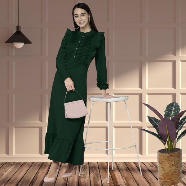 Elegant Pleated Ankle-Length Frilled Spandex Olive Green Dress