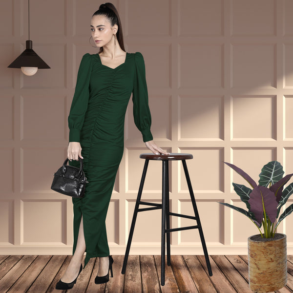 Sultry Sophistication Gathered Front Slit Bodycon Maxi Olive Green Dress