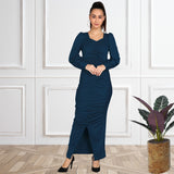 Sultry Sophistication Gathered Front Slit Bodycon Maxi Blue Dress