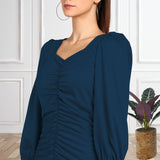 Sultry Sophistication Gathered Front Slit Bodycon Maxi Blue Dress