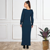 Sultry Sophistication Gathered Front Slit Bodycon Maxi Blue Dress