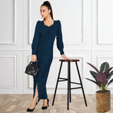 Sultry Sophistication Gathered Front Slit Bodycon Maxi Blue Dress