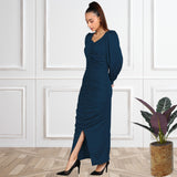 Sultry Sophistication Gathered Front Slit Bodycon Maxi Blue Dress