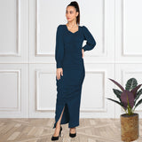Sultry Sophistication Gathered Front Slit Bodycon Maxi Blue Dress
