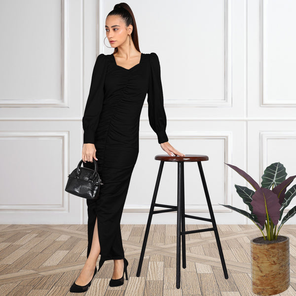 Sultry Sophistication Gathered Front Slit Bodycon Maxi Black Dress