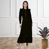 Elegant Pleated Ankle-Length Frilled Spandex Black Dress