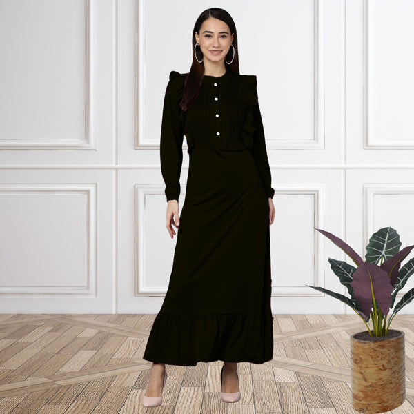 Elegant Pleated Ankle-Length Frilled Spandex Black Dress