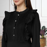 Elegant Pleated Ankle-Length Frilled Spandex Black Dress
