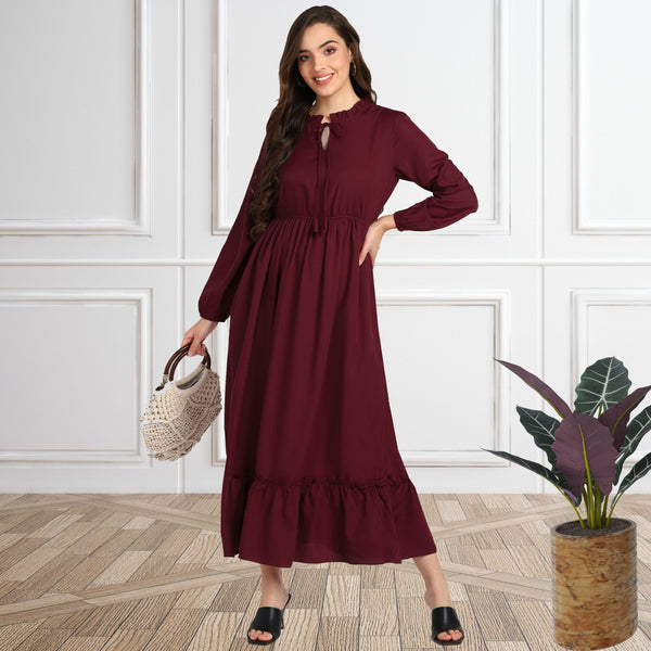 Frilled Allure Ankle-Length Maroon Spandex Dress