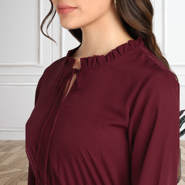 Frilled Allure Ankle-Length Maroon Spandex Dress