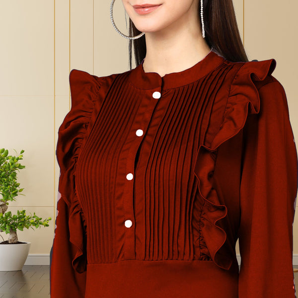 Elegant Pleated Ankle-Length Frilled Spandex Maroon Dress