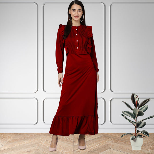 Elegant Pleated Ankle-Length Frilled Spandex Maroon Dress