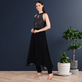 Women's Sequins Motifs Embellished Georgette Sleeveless Kurti Pant Set