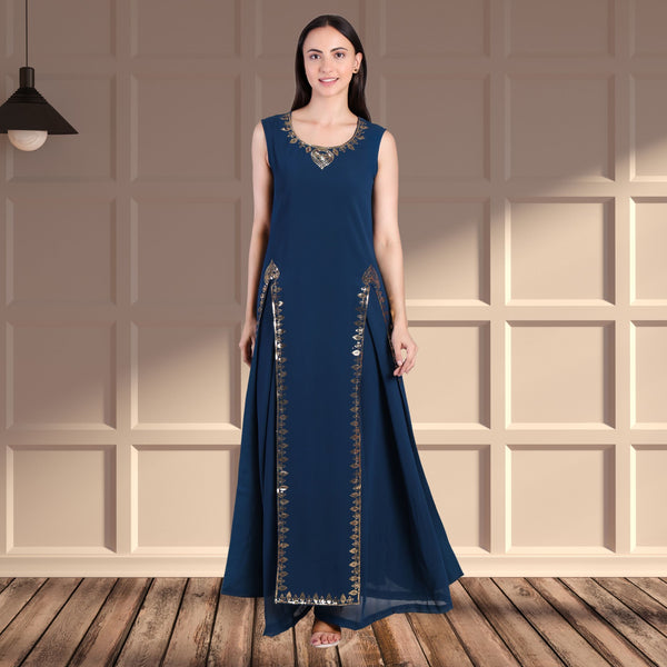 Women's Sequins Motifs Embellished Georgette Slit Kurti Pant Set
