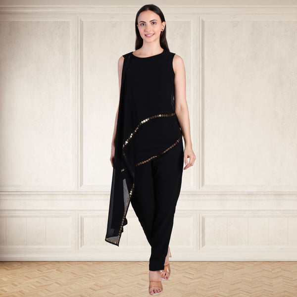 Women's Sequins Motifs Embellished Georgette Asymmetric Kurti Pant Set