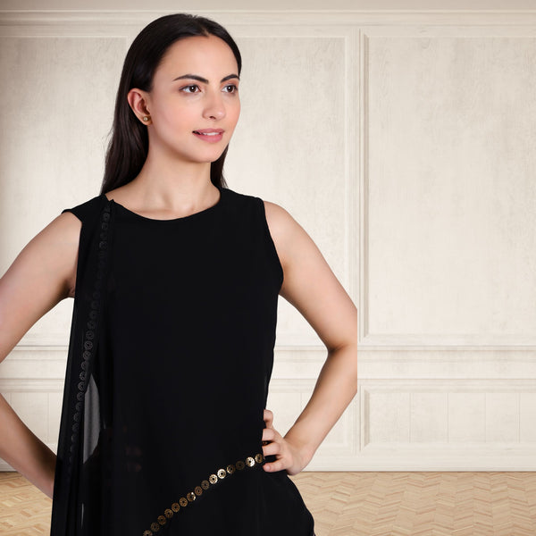 Women's Sequins Motifs Embellished Georgette Asymmetric Kurti Pant Set