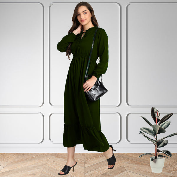 Frilled Allure Ankle-Length Spandex Olive Green Dress