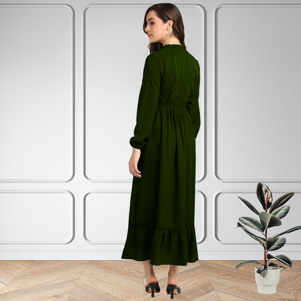 Frilled Allure Ankle-Length Spandex Olive Green Dress