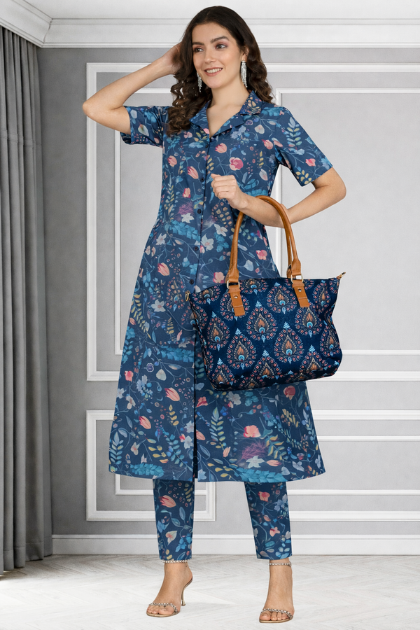 Floral Print Spandex Kurti Pant Co-Ord Set for Women 🌸