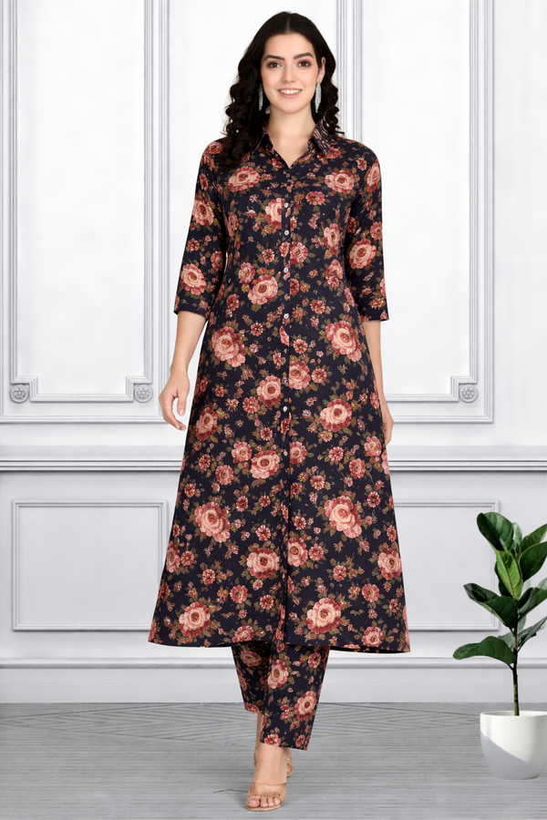 🌸 Floral Printed Spandex Kurti Pant Co-Ord Set 🌸