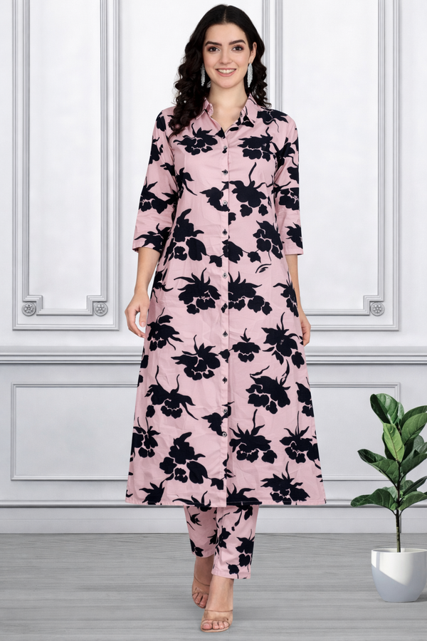 🌸 Floral Printed Spandex Kurti Pant Co-Ord Set 🌸