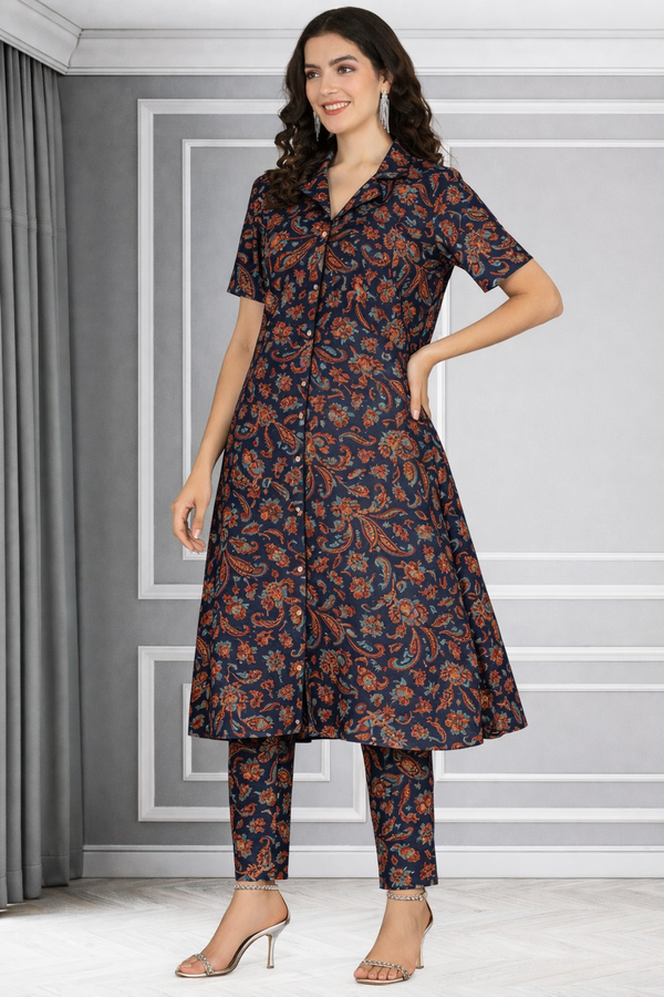 Floral Print Spandex Kurti Pant Co-Ord Set for Women 🌸