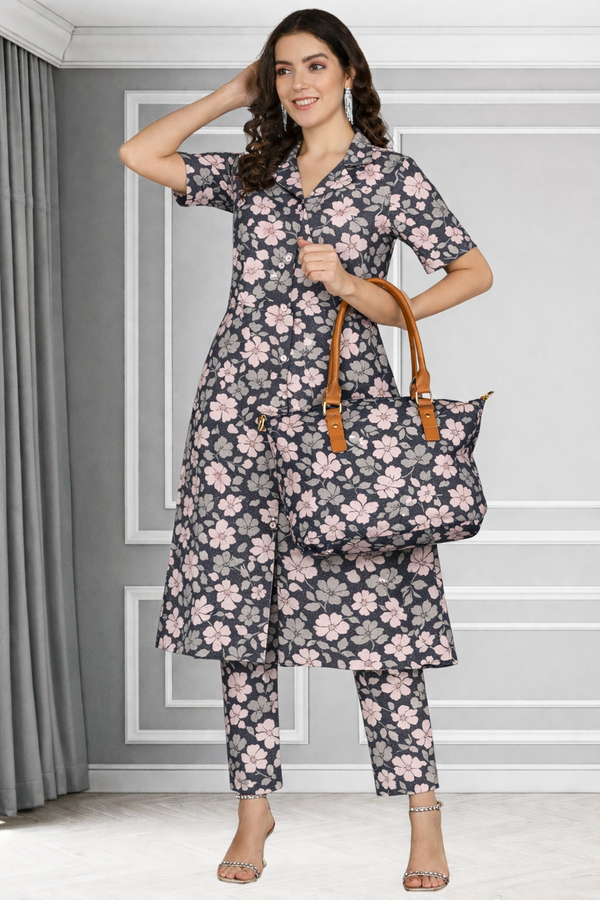 Floral Print Spandex Kurti Pant Co-Ord Set for Women 🌸