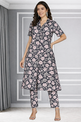 Floral Print Spandex Kurti Pant Co-Ord Set for Women 🌸